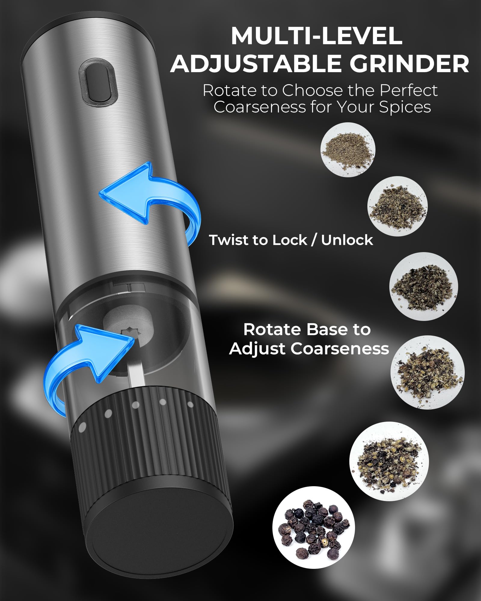 Gofuch grinder displaying five grind settings for customization.