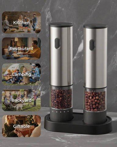 Gofuch electric grinder set ready for table-side seasoning during a meal.