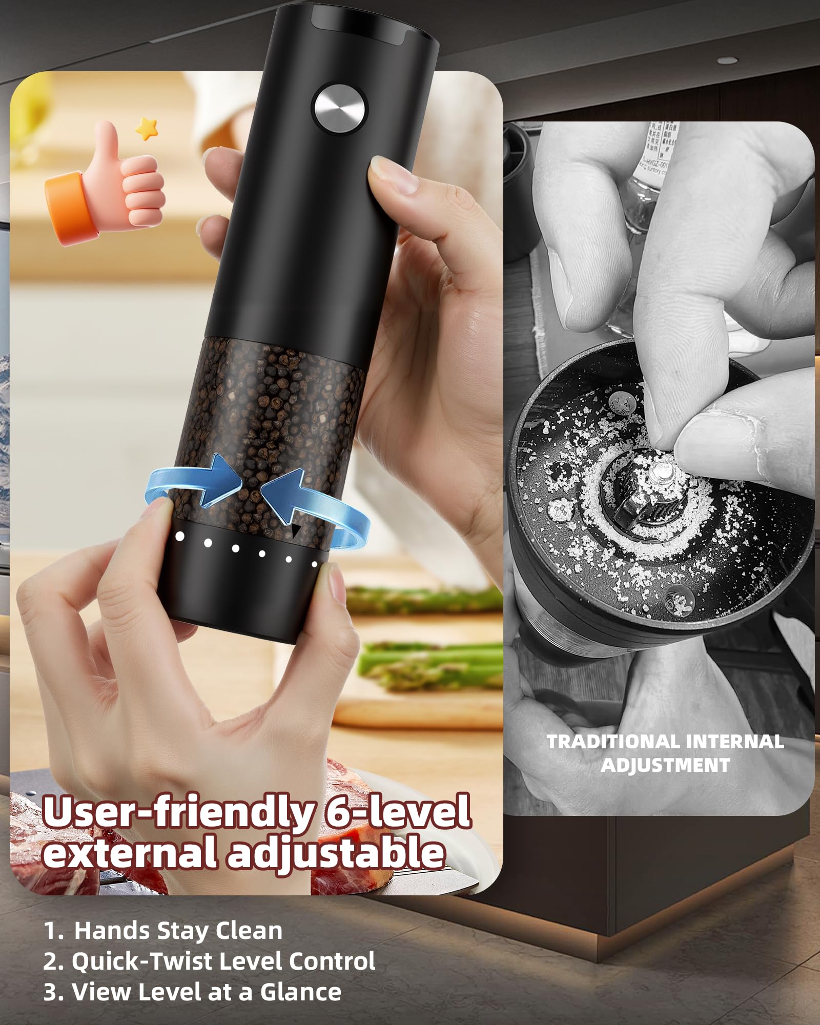 gofuch grinder with LED light for clear spice visibility in dim kitchens.