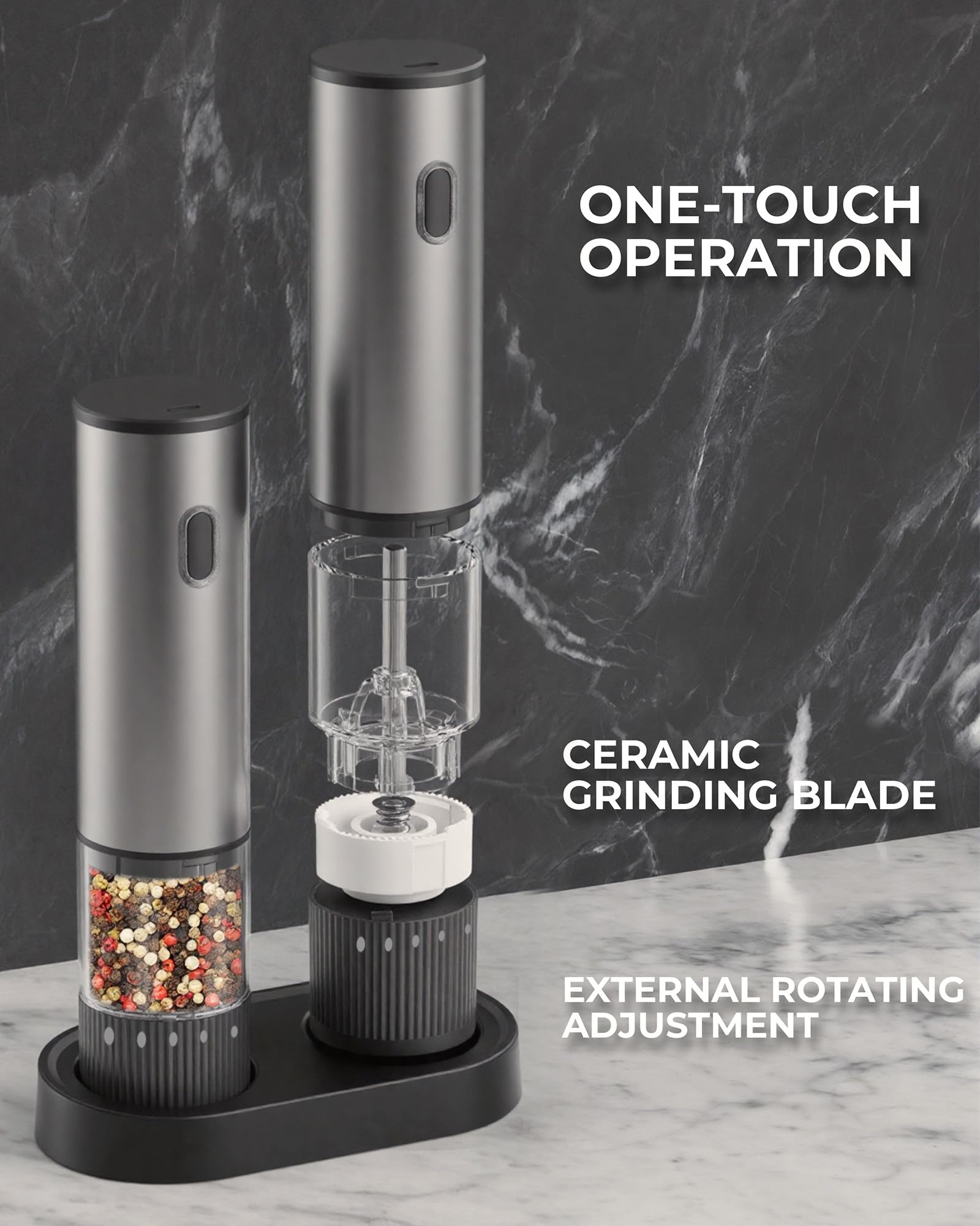 Gofuch grinder in stainless steel finish on a kitchen counter.