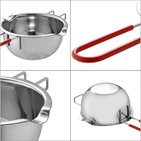 Goging setup for candle making with wax melting in the pot.