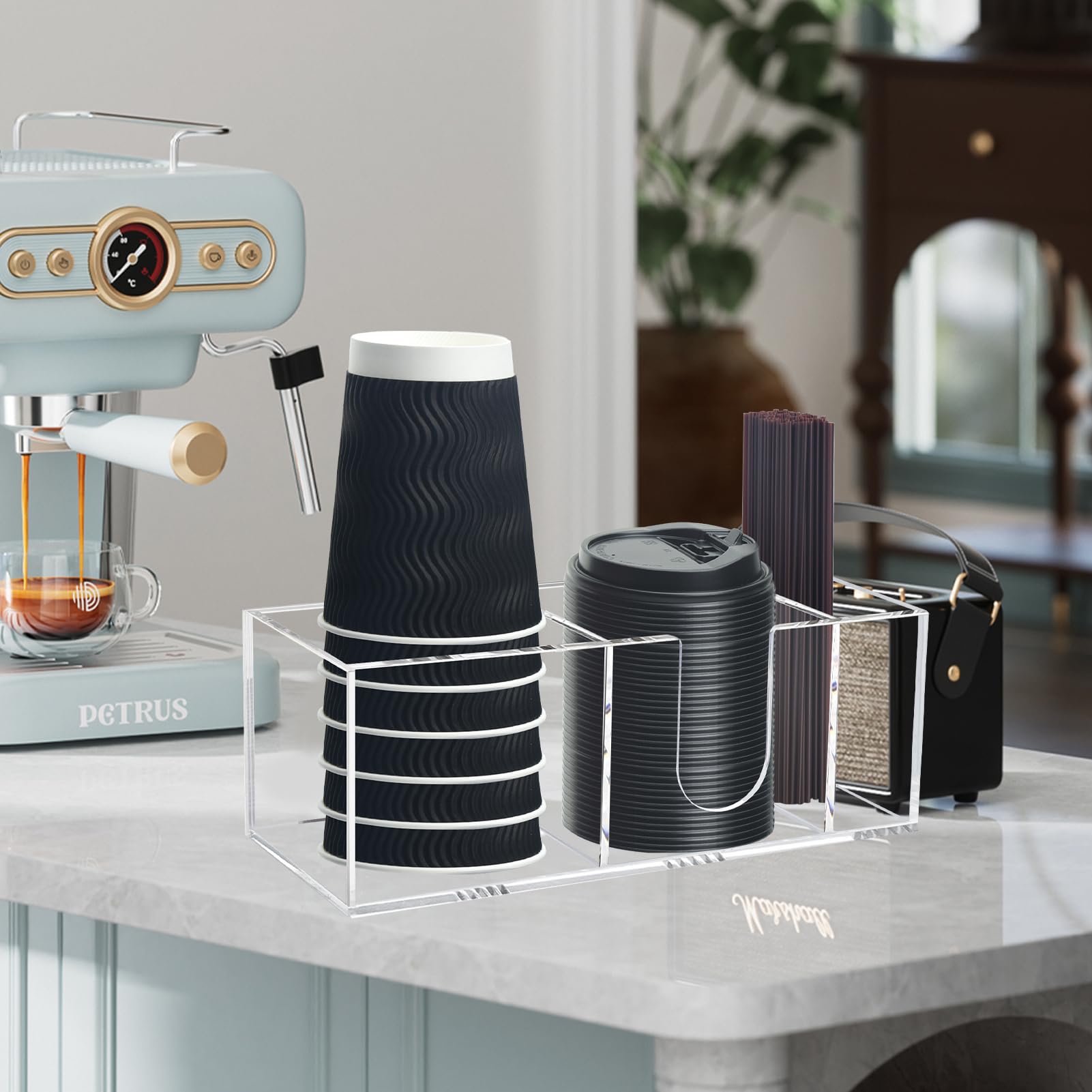 Goindy acrylic cup dispenser provides clear visibility for easy countertop grabbing.