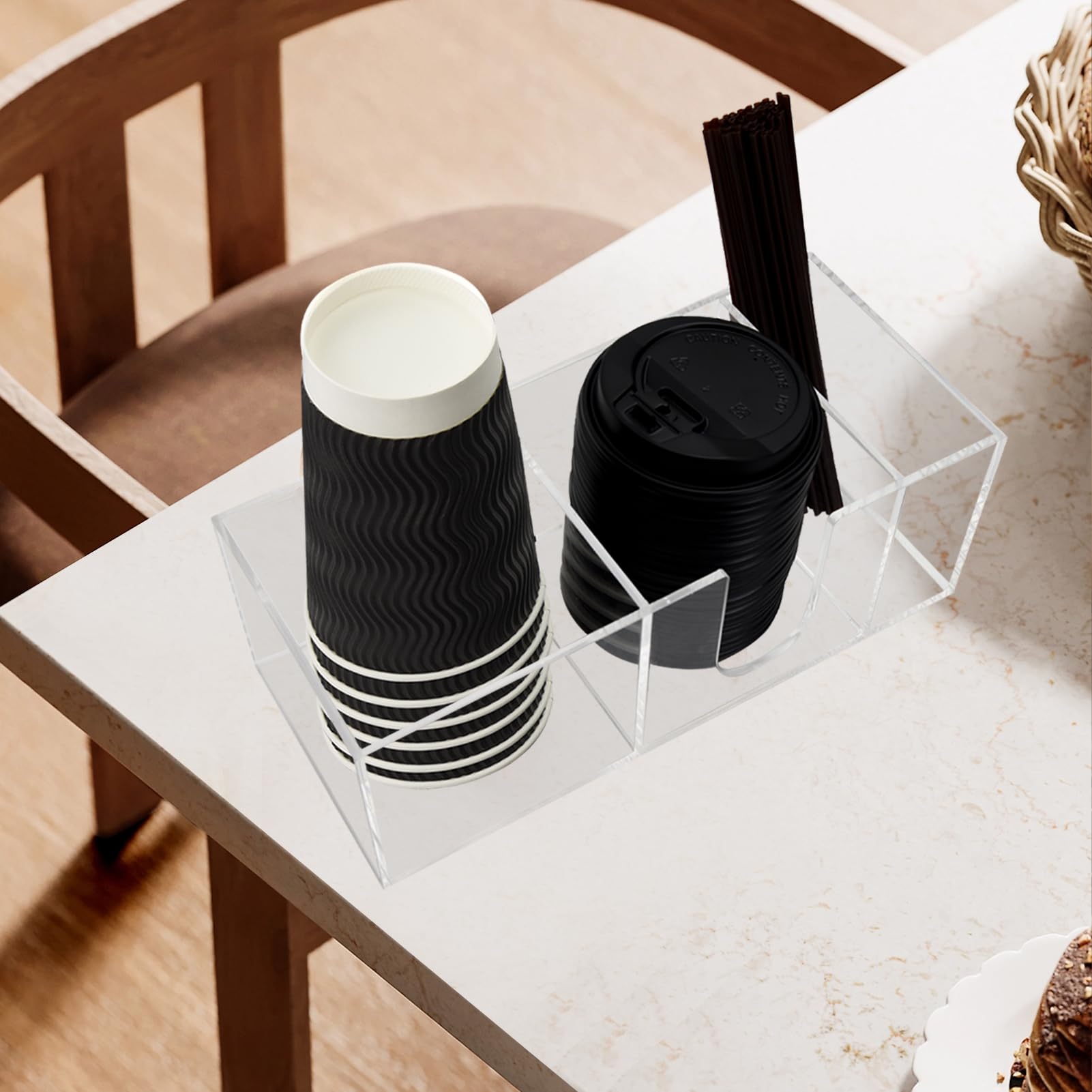 Goindy countertop organizer keeps cups, lids, and straws within easy reach.