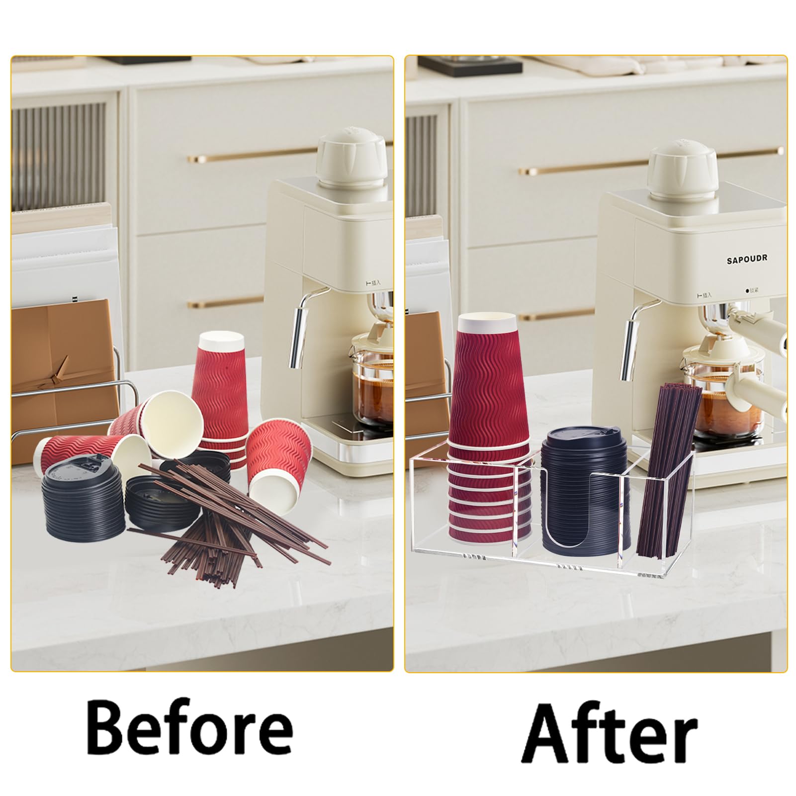Goindy lids and stirrers compartment helps keep essentials organized and ready.