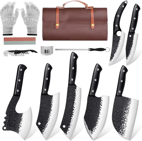 Golden Bird butcher knives in leather bag for easy transport and secure storage