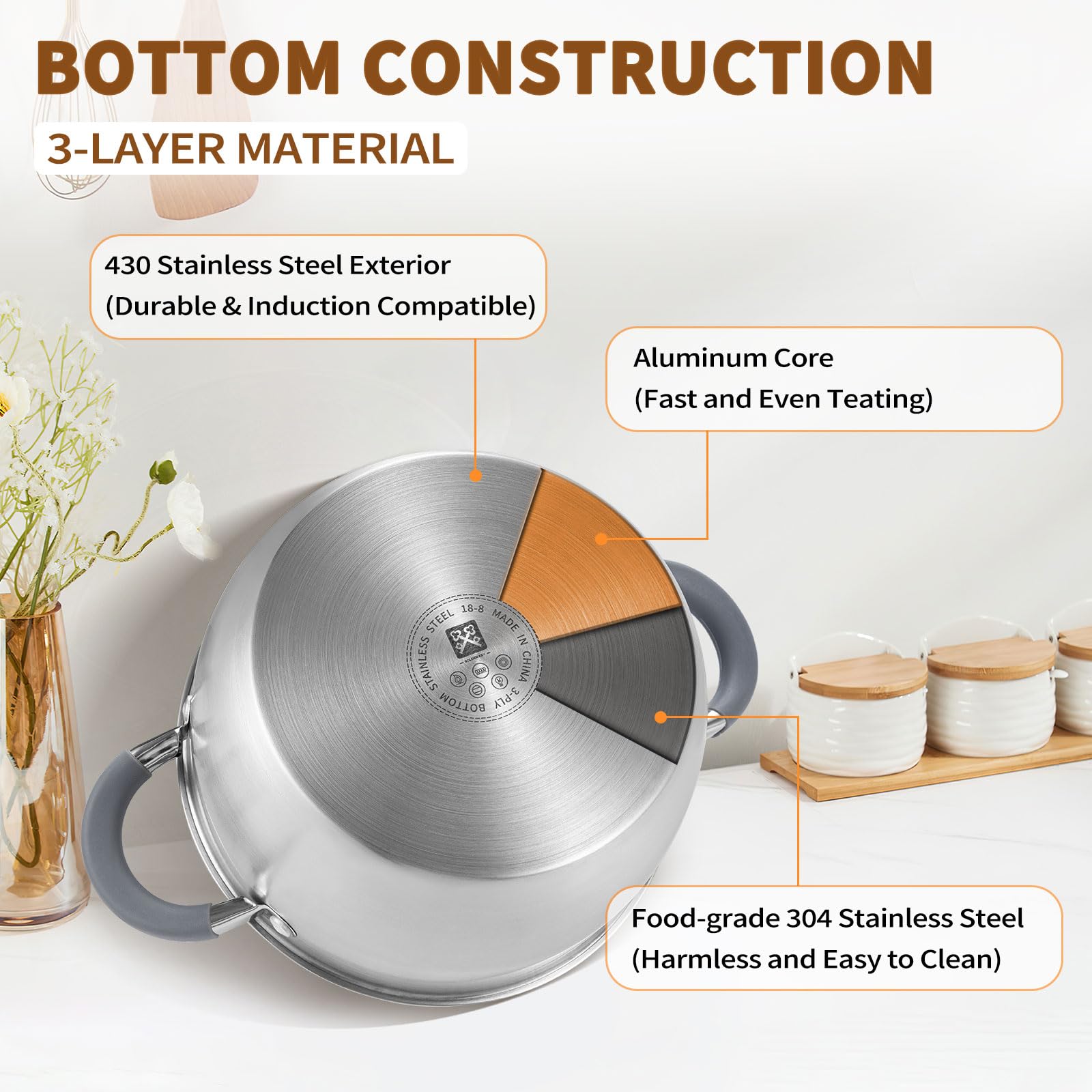 GOLDEN KEY tri-ply bottom promotes even heat distribution and fast heating