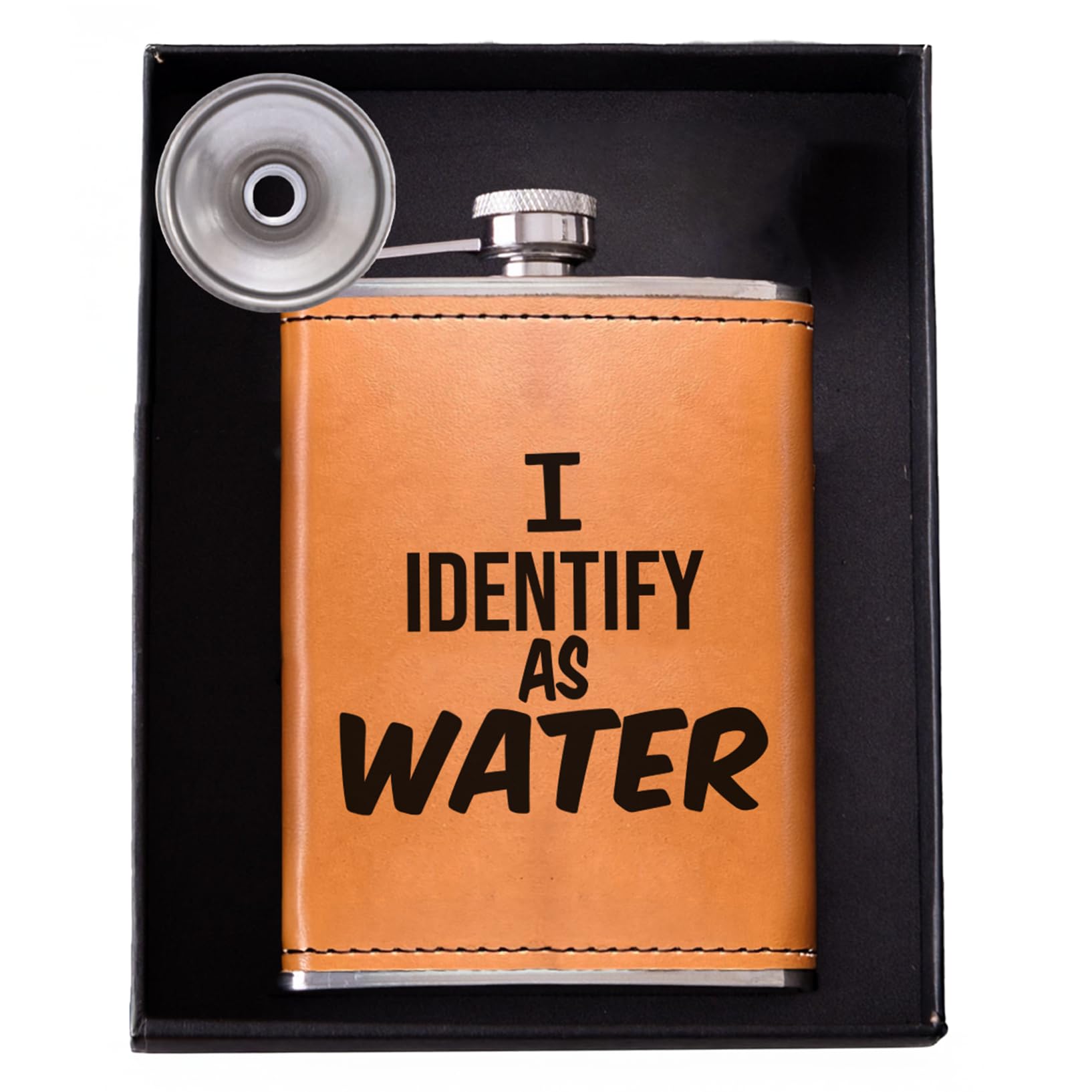Golden Rain 8oz leather flask front view for gifting and everyday carry.