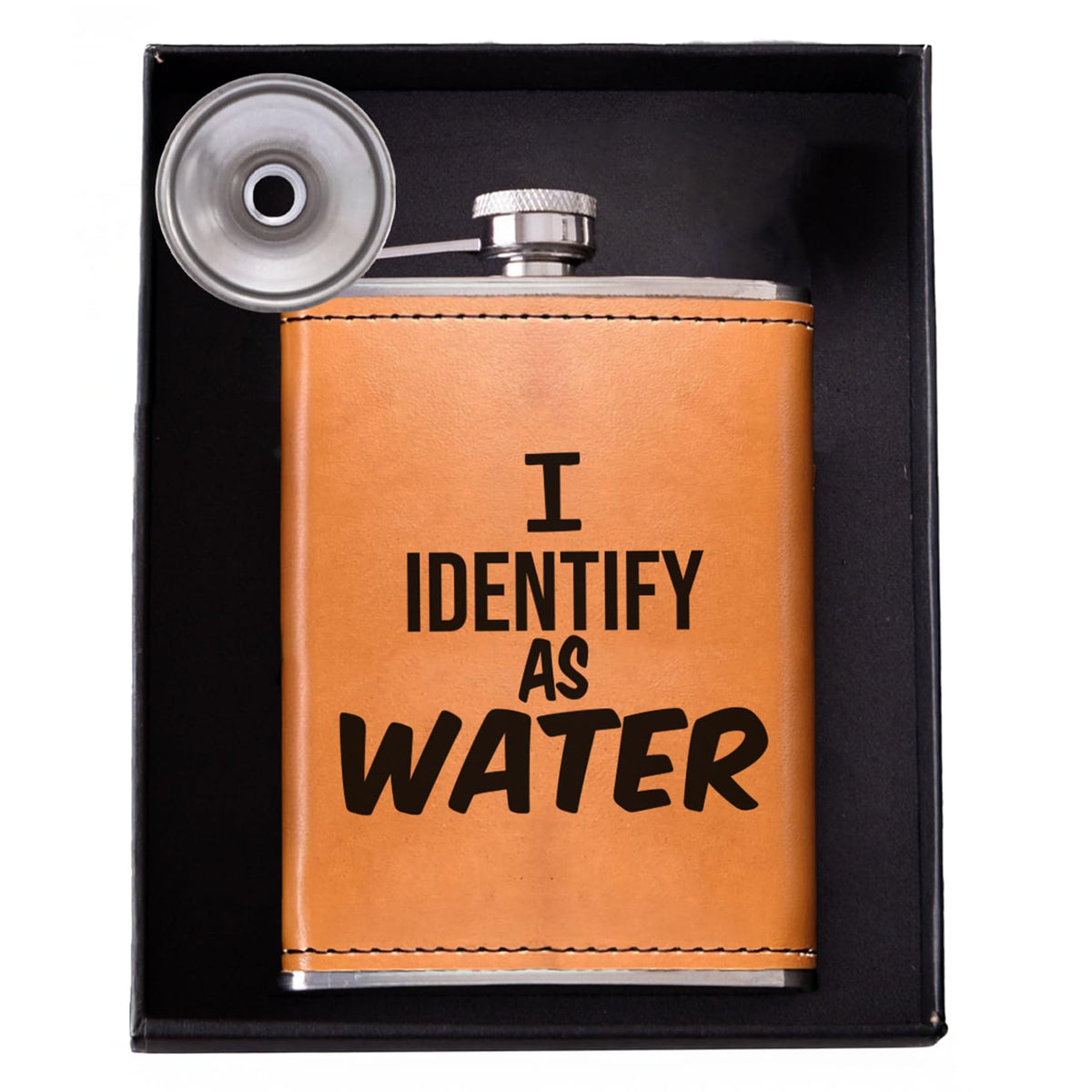 Golden Rain 8oz leather flask front view for gifting and everyday carry.