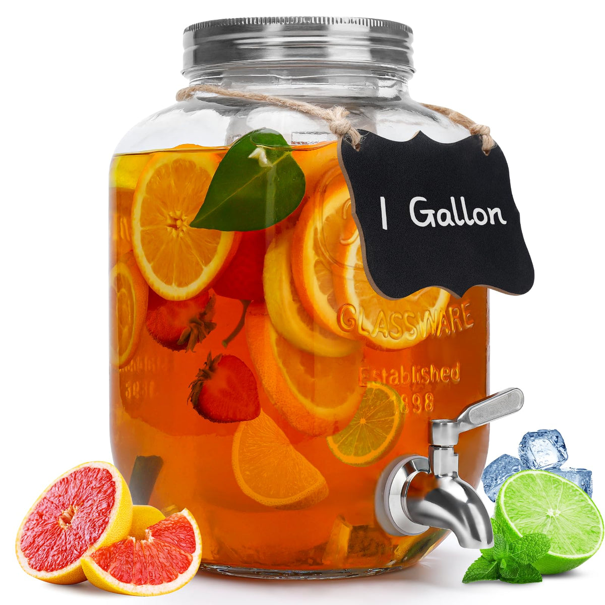 Goldfishwa 1-gallon glass dispenser with lid, ideal for parties and easy serving.