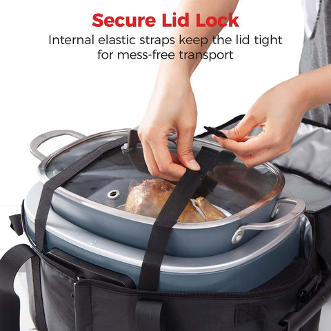 Goldlion bag interior straps secure the Ninja PossibleCooker Pro to prevent spills during transit.