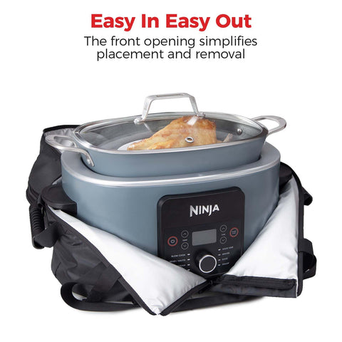 Front loading design enables quick, tidy loading and removal of the cooker.