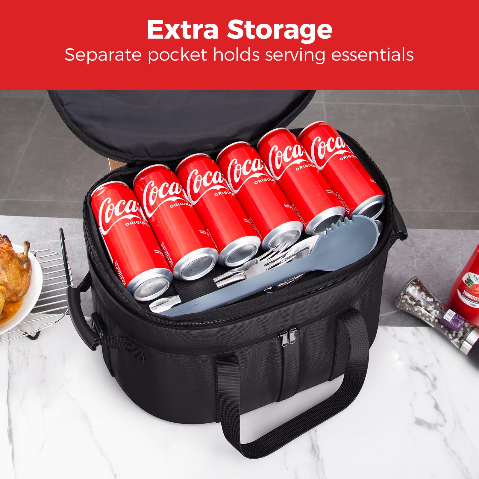 Includes a zippered pocket for spoons, cups, and potholders.