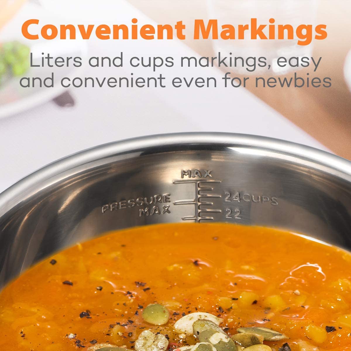 Clear liter and cup markings aid precise portioning in tasks.