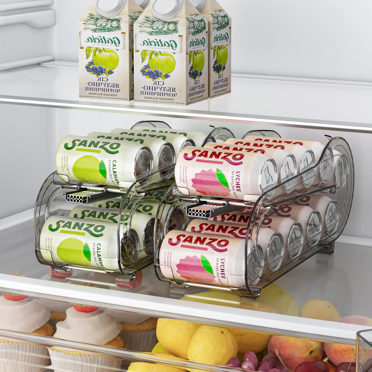 GoldOath drink organizer in fridge, front view showing accessible rolling design