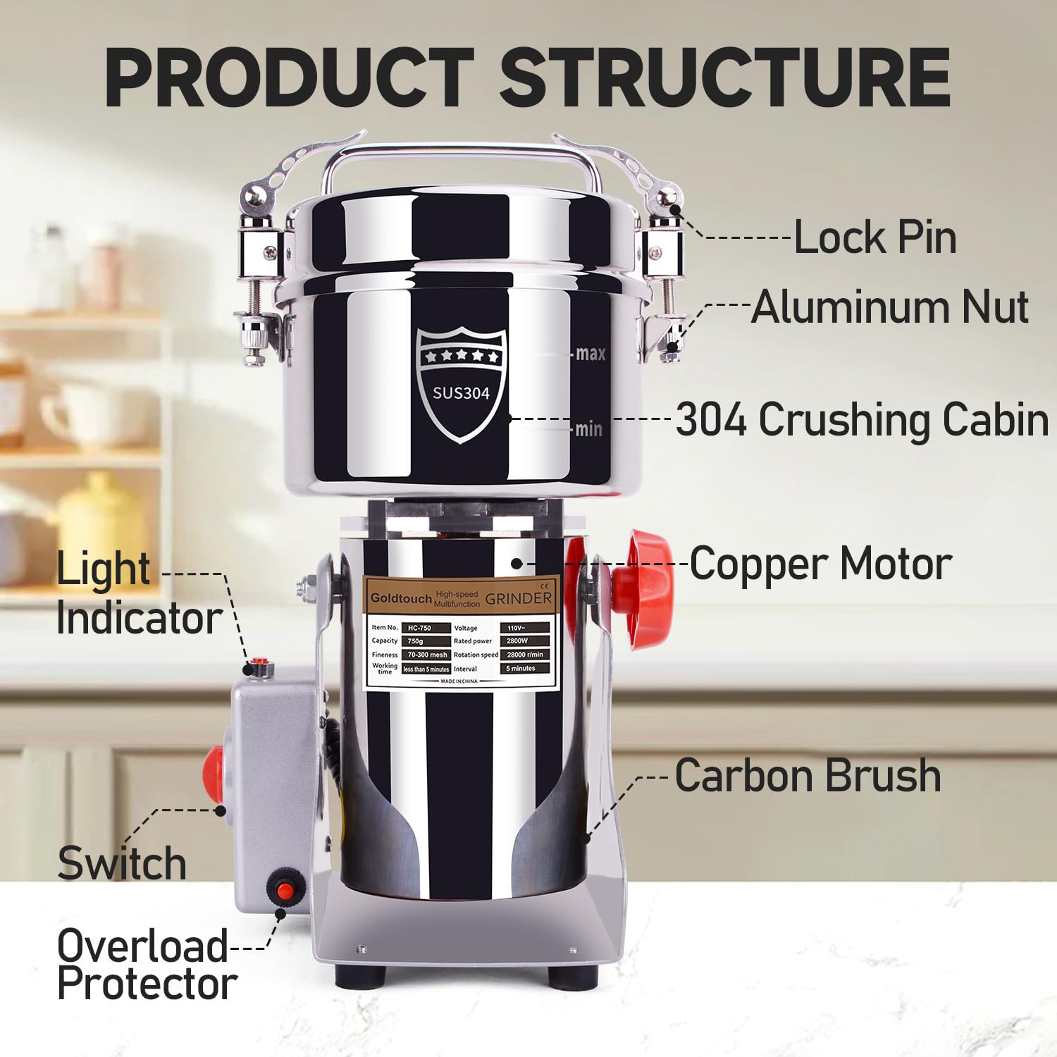 Goldtouch 750g grain mill grinder compact storage in a kitchen