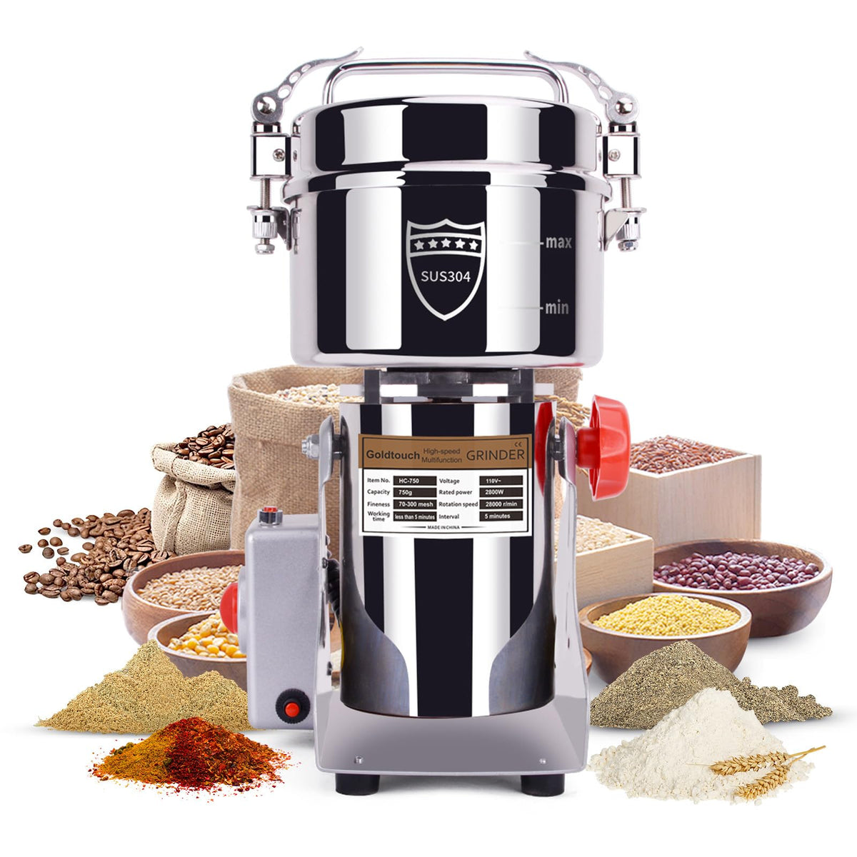 Goldtouch 750g grain mill grinder front view for fast dry grain processing