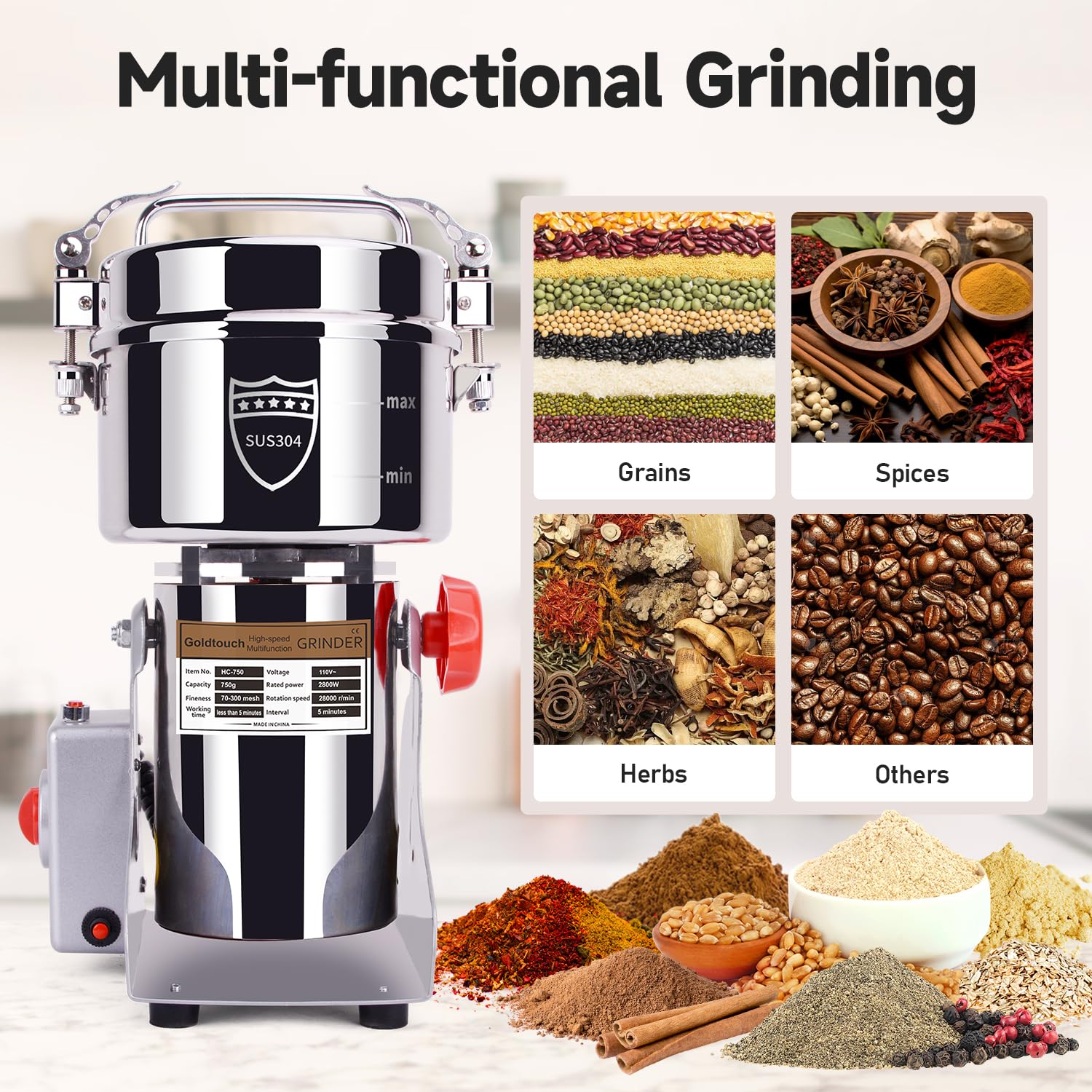 Goldtouch 750g grain mill grinder side view showing durable stainless steel build