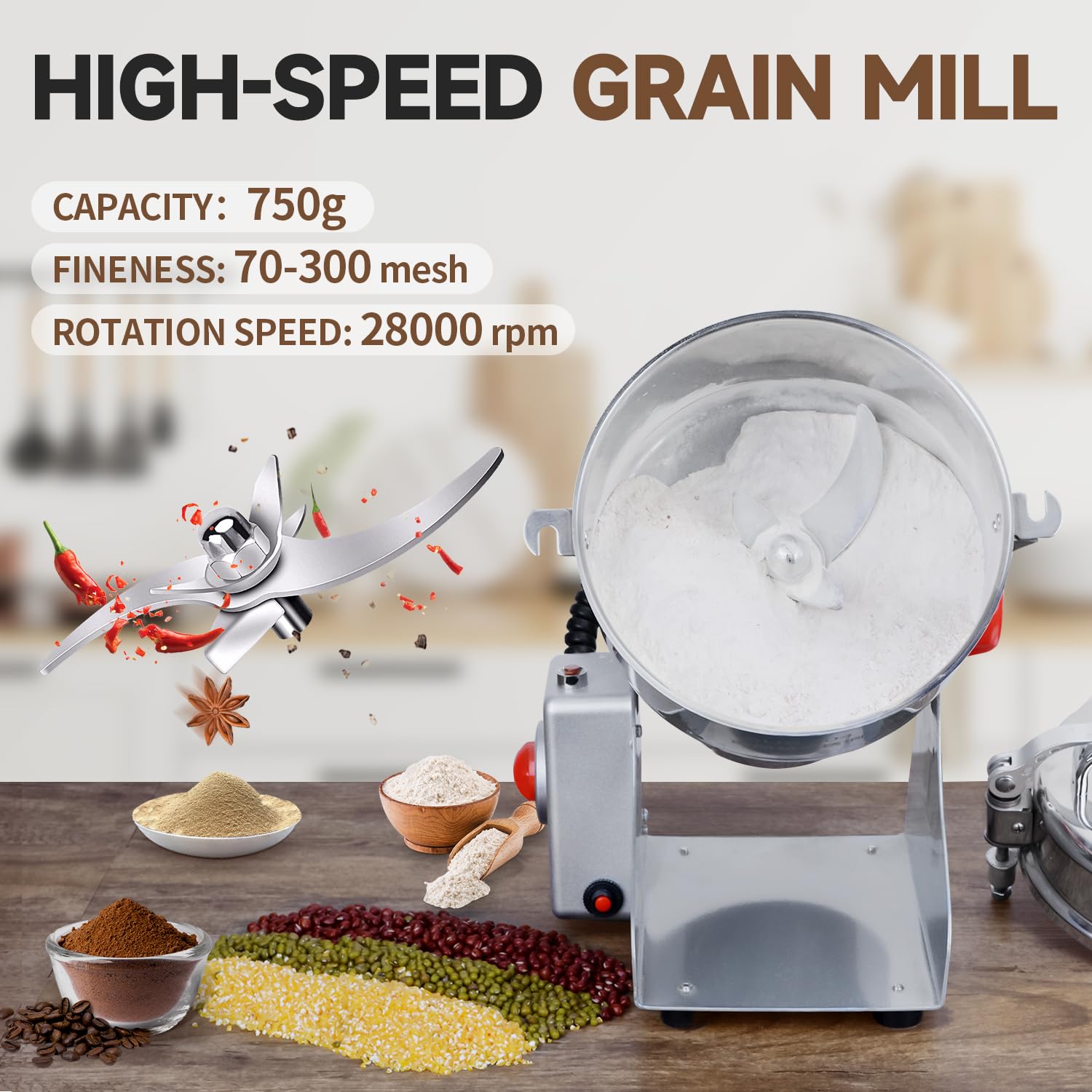 Goldtouch 750g grain mill grinder top view highlighting compact kitchen footprint