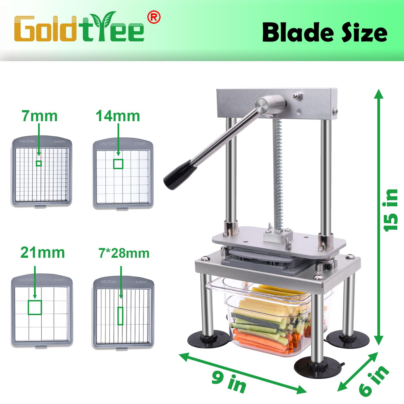 Goldtree labor-saving lever reduces effort during slicing tasks.