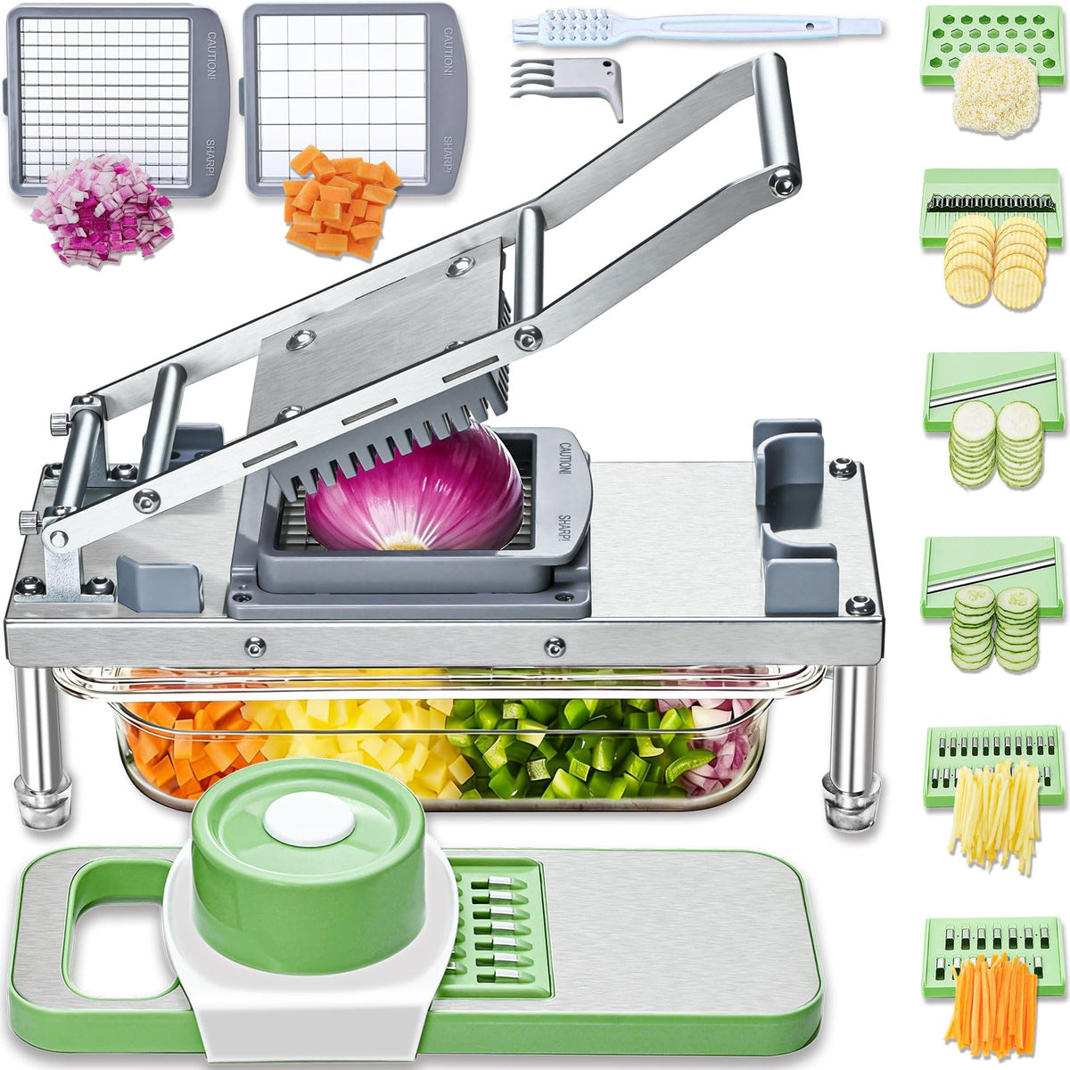 Goldtree Vegetable Chopper assembly shows sturdy stainless steel build for durable slicing.