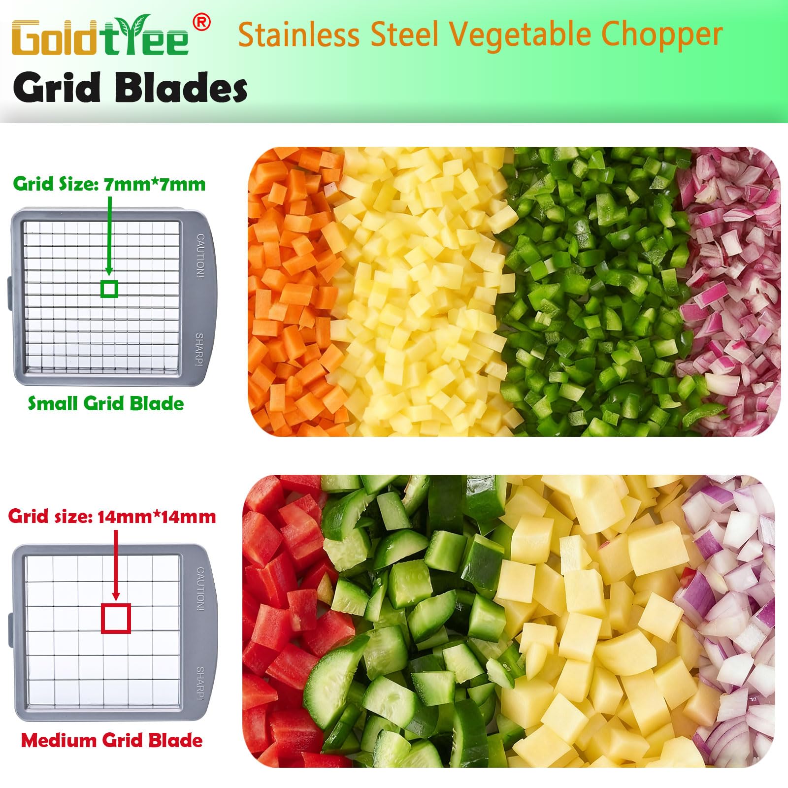Goldtree Vegetable Chopper 3x lever design reduces effort for dicing.