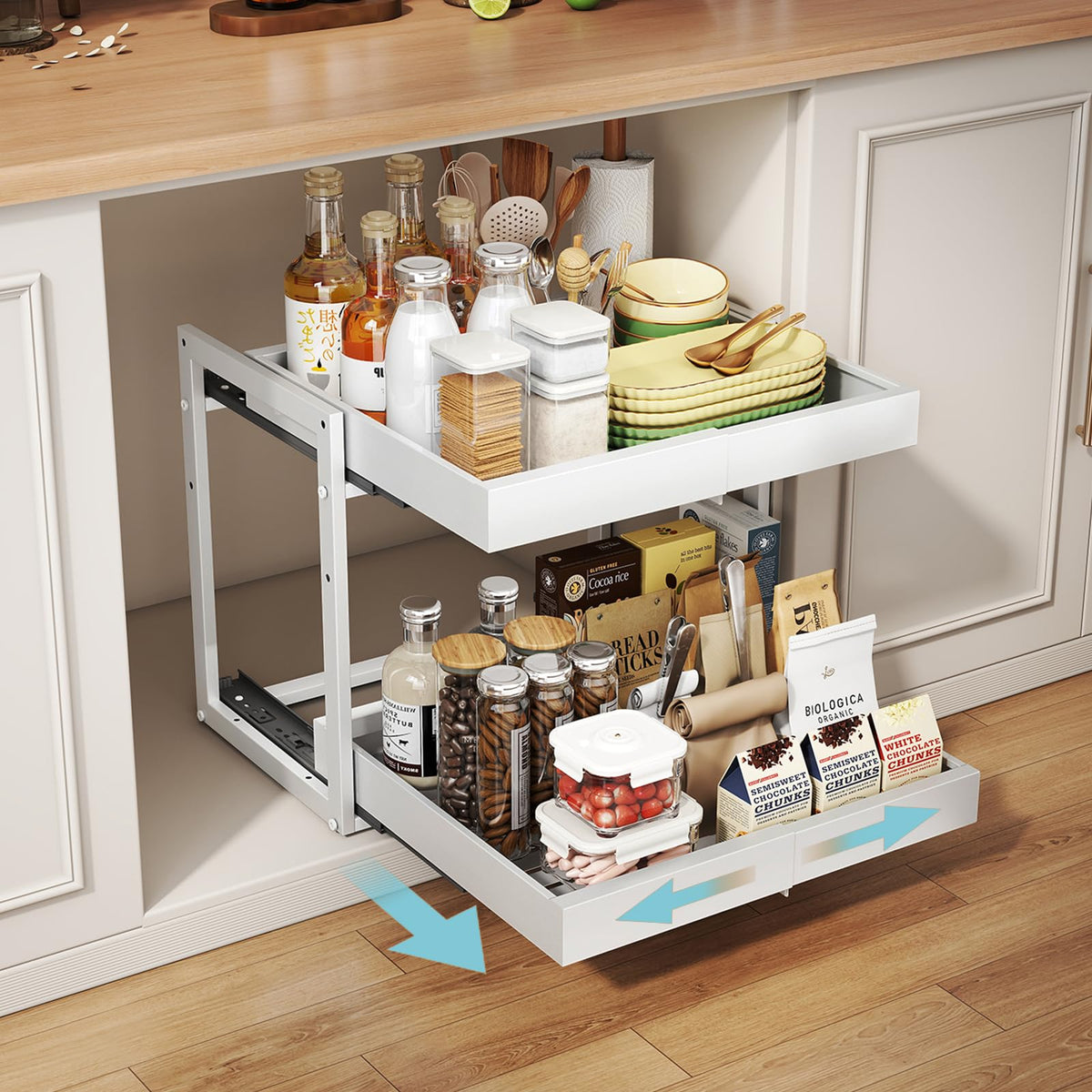 Golener 2-Tier expandable cabinet organizer with slide-out drawers for easy kitchen access