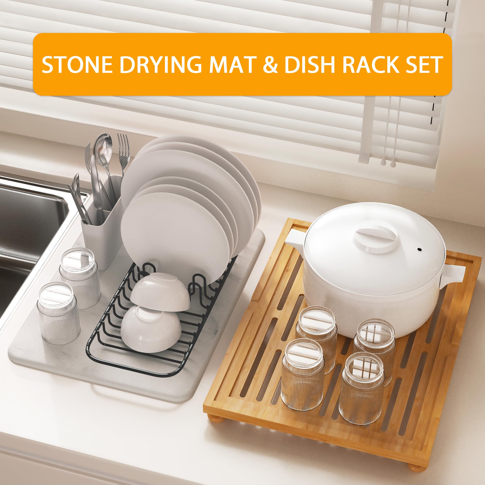 Golener bamboo rack with dishes drying neatly on the counter