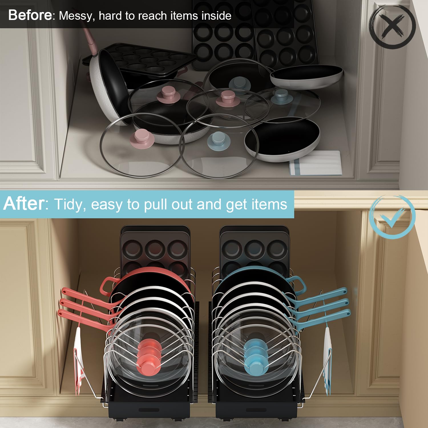 Golener inside-cabinet system keeps cookware organized and visible.