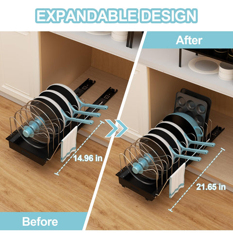 Golener organizer with 10 adjustable dividers keeps skillets upright and easy to reach.