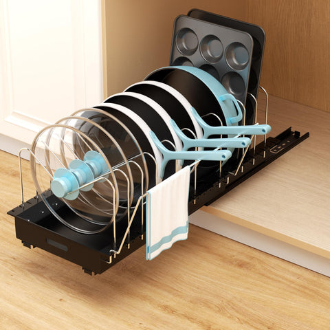 Golener under-cabinet organizer with extendable depth stores deep pots and pans neatly.