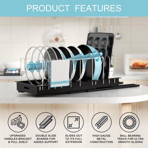 Golener sliding pot organizer glides out quietly for quick access during cooking.