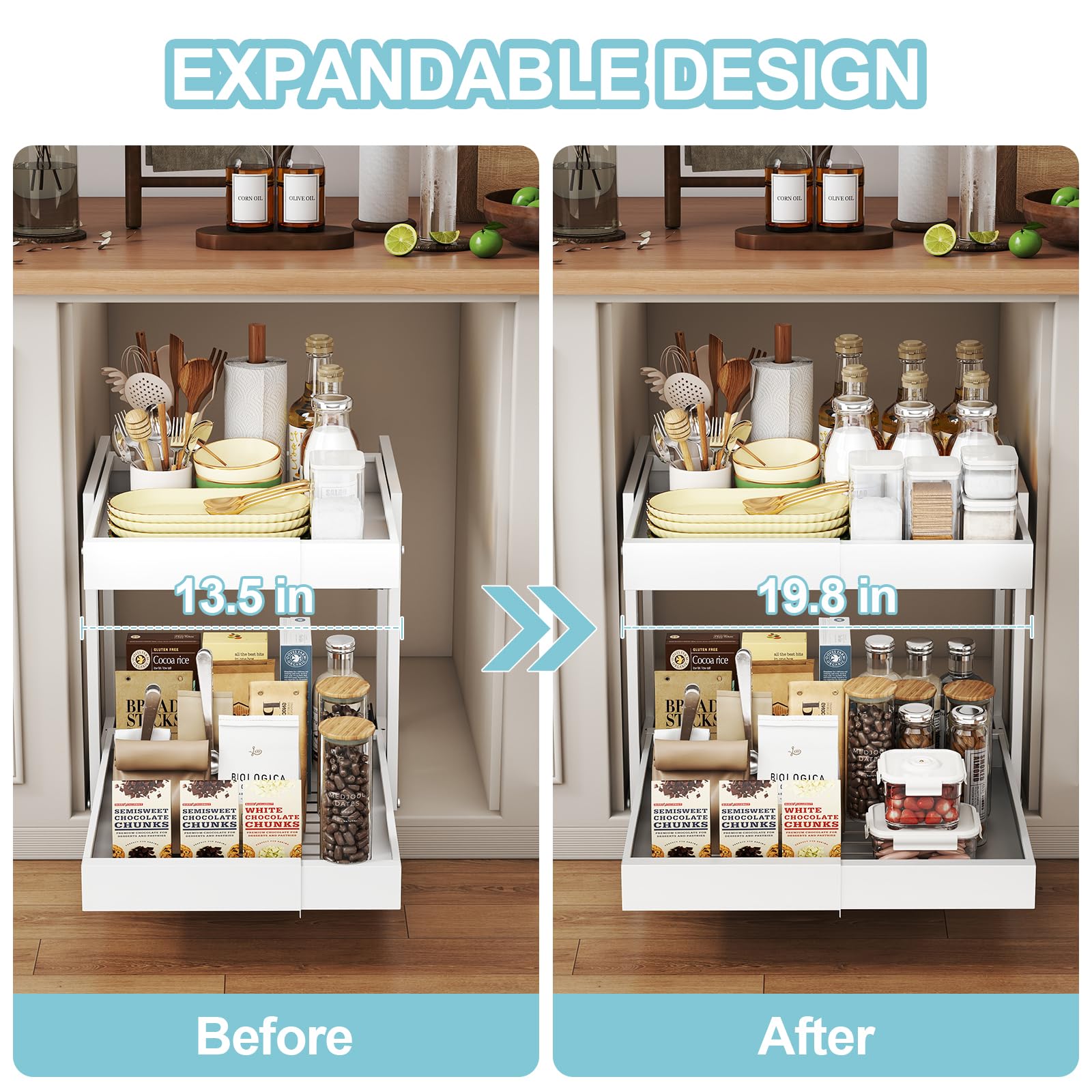 Golener smooth-damped slides provide quiet, full-extension movement for under-sink storage