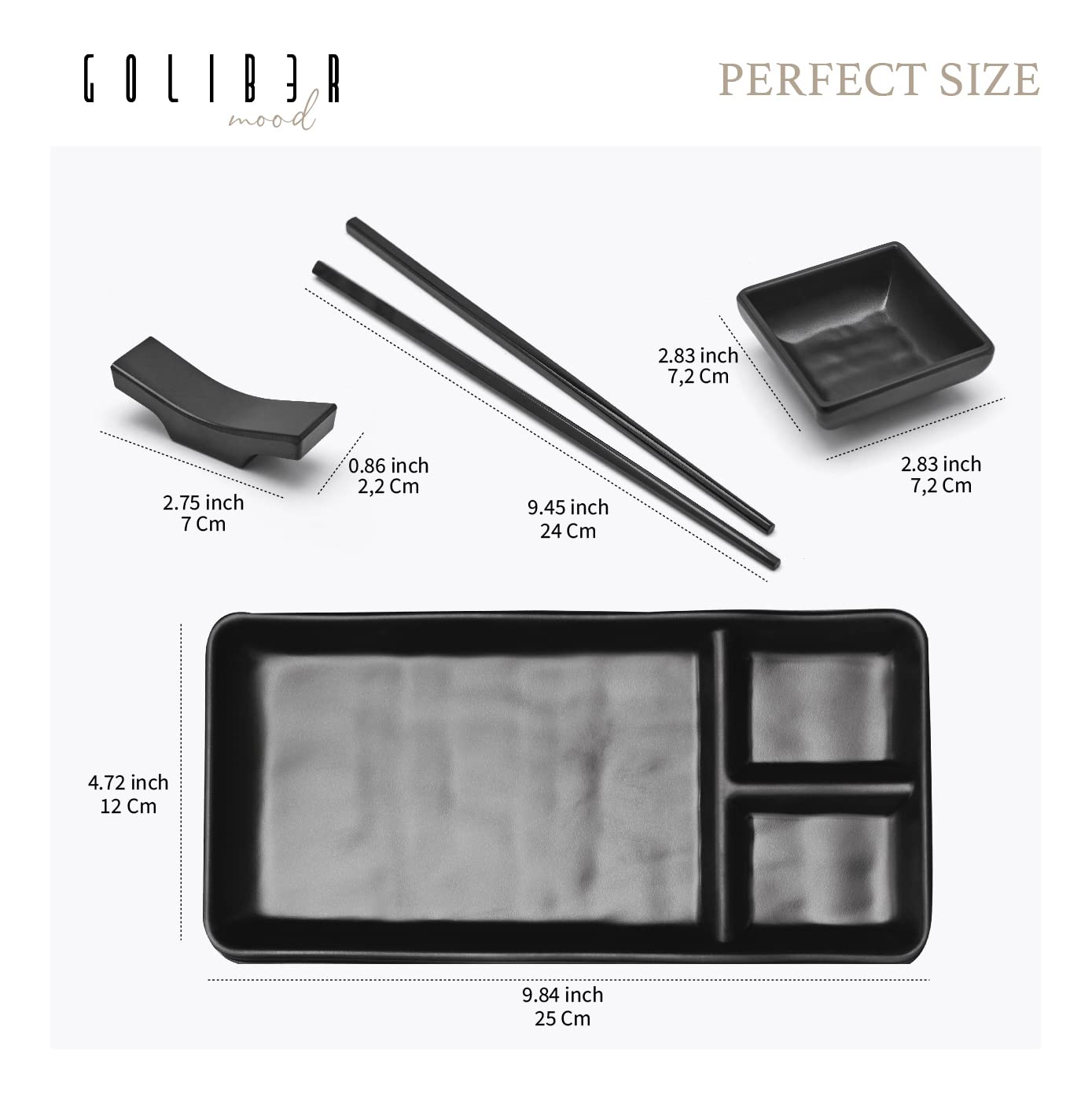 Goliber sushi plates close-up, showing two-compartment design for soy and condiments.