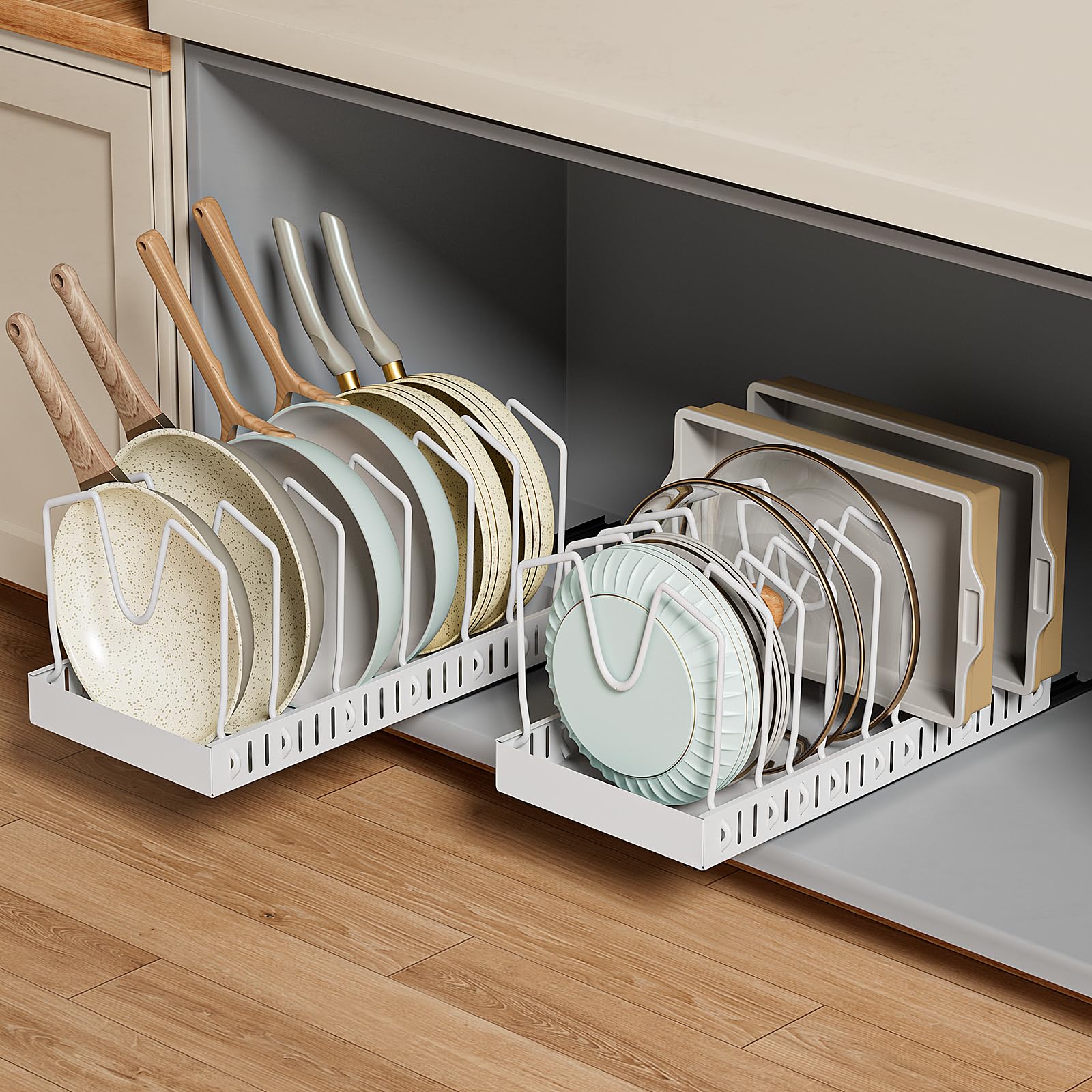 GoMaihe pull-out organizer for pots and pans keeps cookware within easy reach