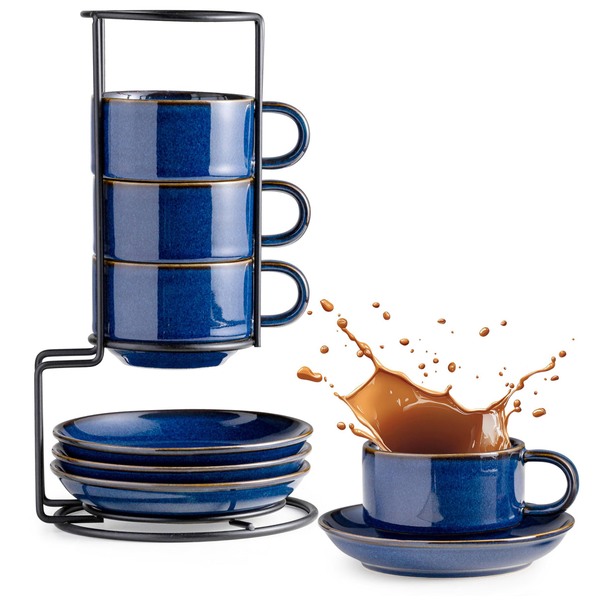 Gomakren 6-ounce cappuccino cups with cobalt-blue glaze for elegant daily coffee moments