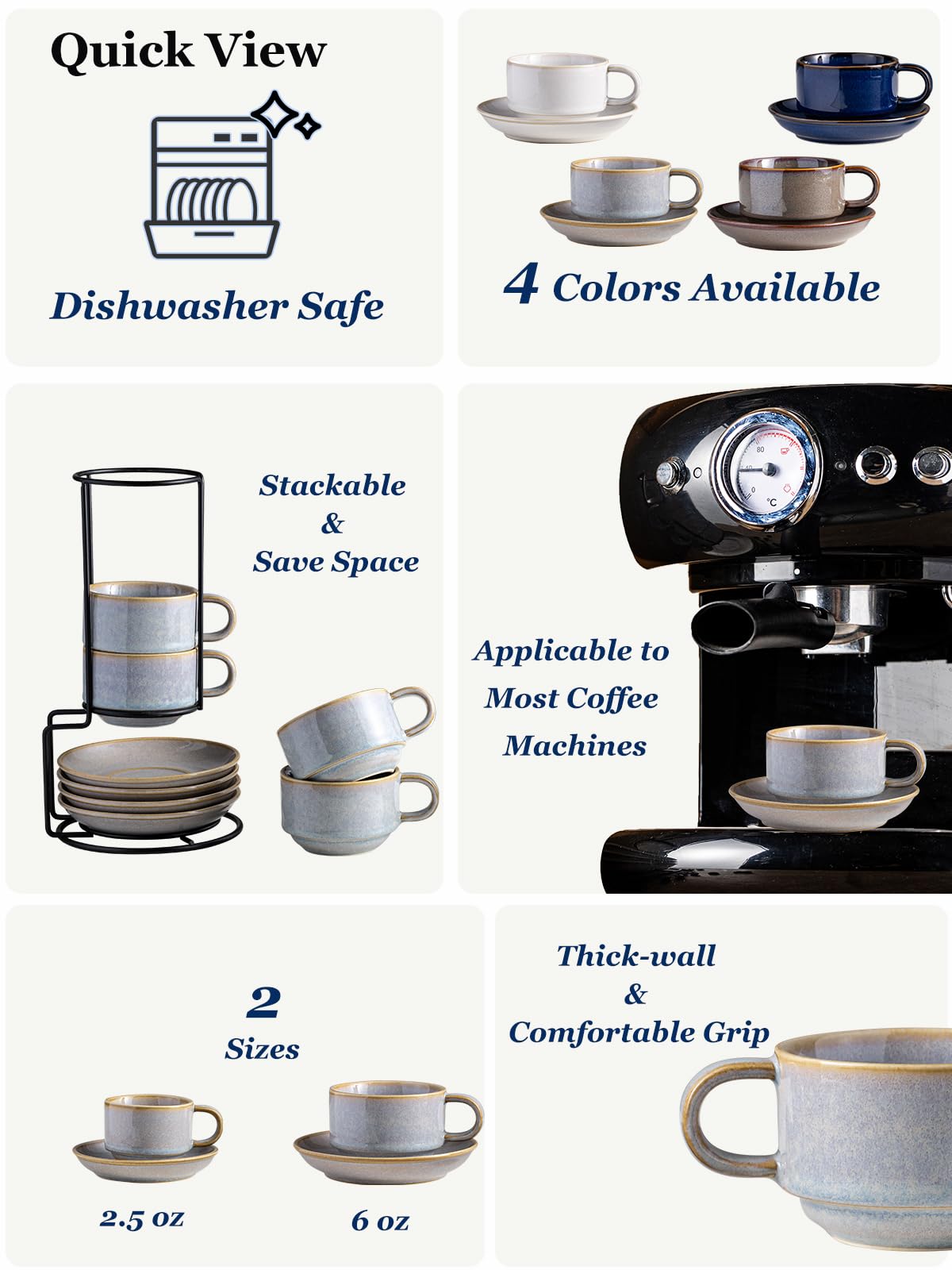 Gomakren stackable cappuccino cups with saucers ready for storage