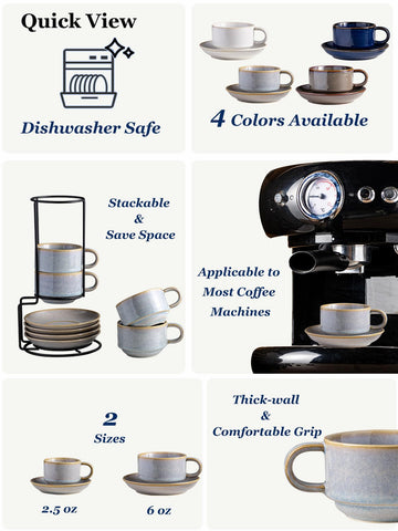 Gomakren stackable cappuccino cups with saucers ready for storage