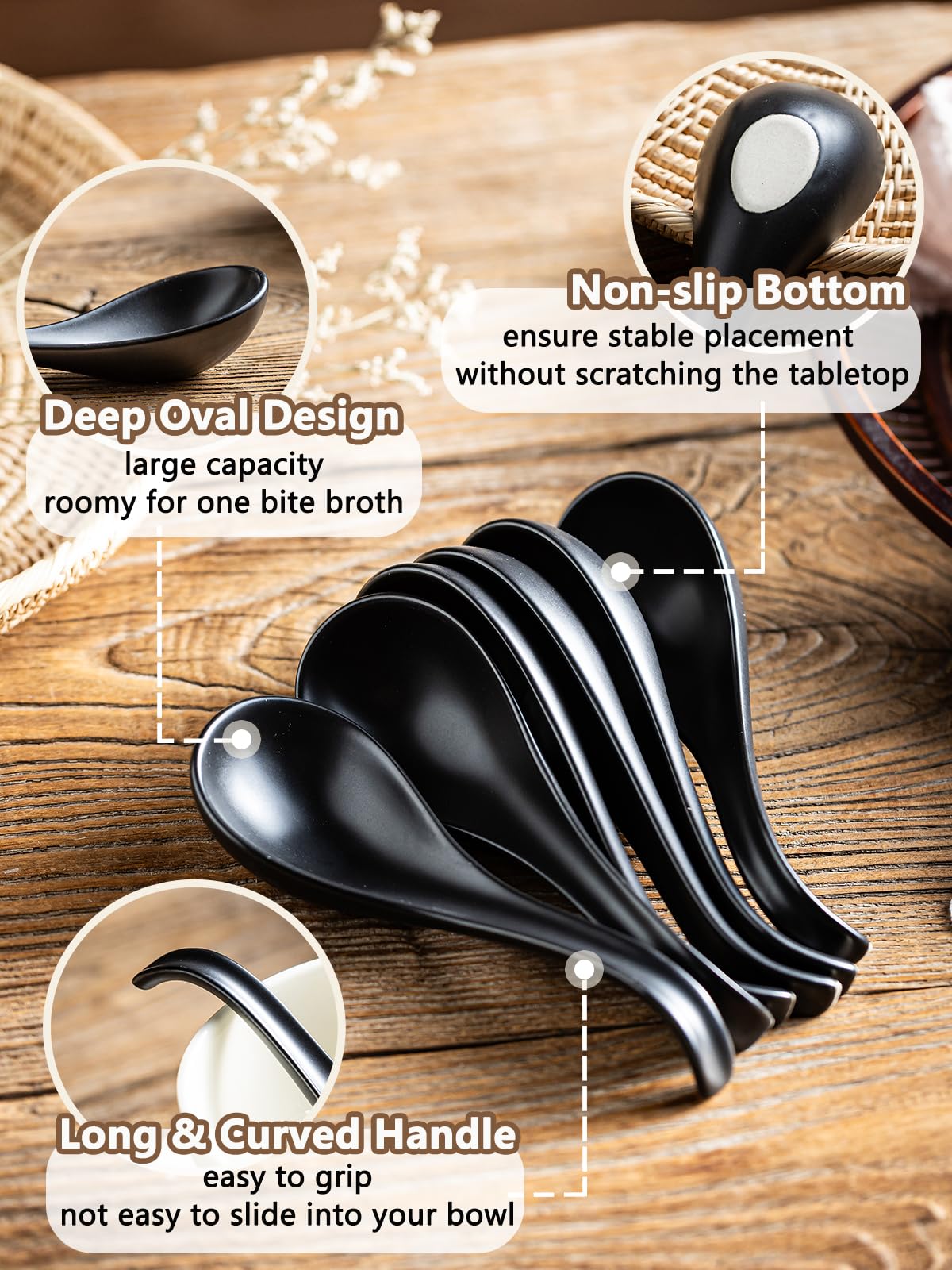 Gomakren ceramic spoons with long handle designed to rest on rims