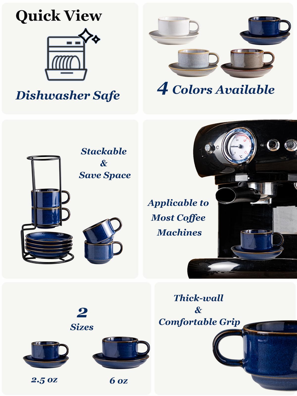 Gomakren cobalt blue glaze highlights the cups for a stylish table centerpiece.
