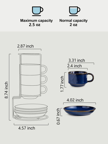 Gomakren espresso cups with saucers shown on metal stand for neat storage.