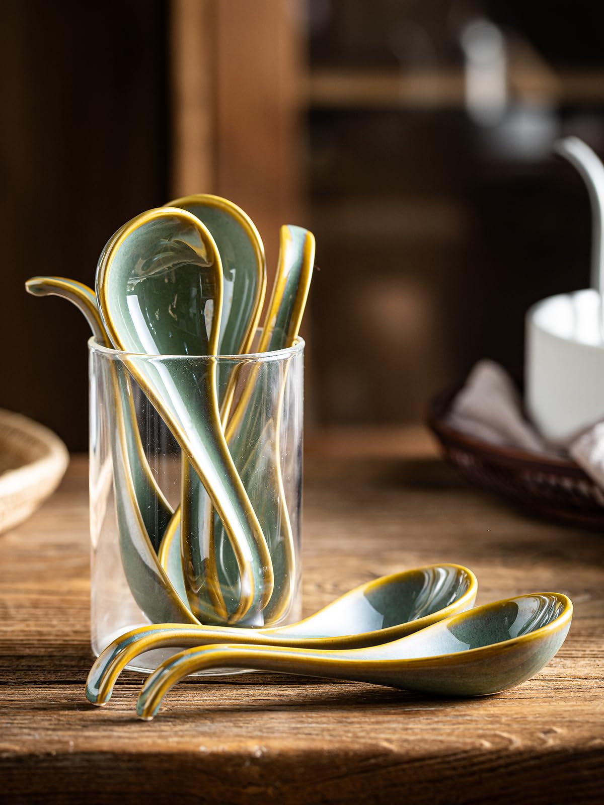 Gomakren blue-green spoons pair with classic tableware beautifully