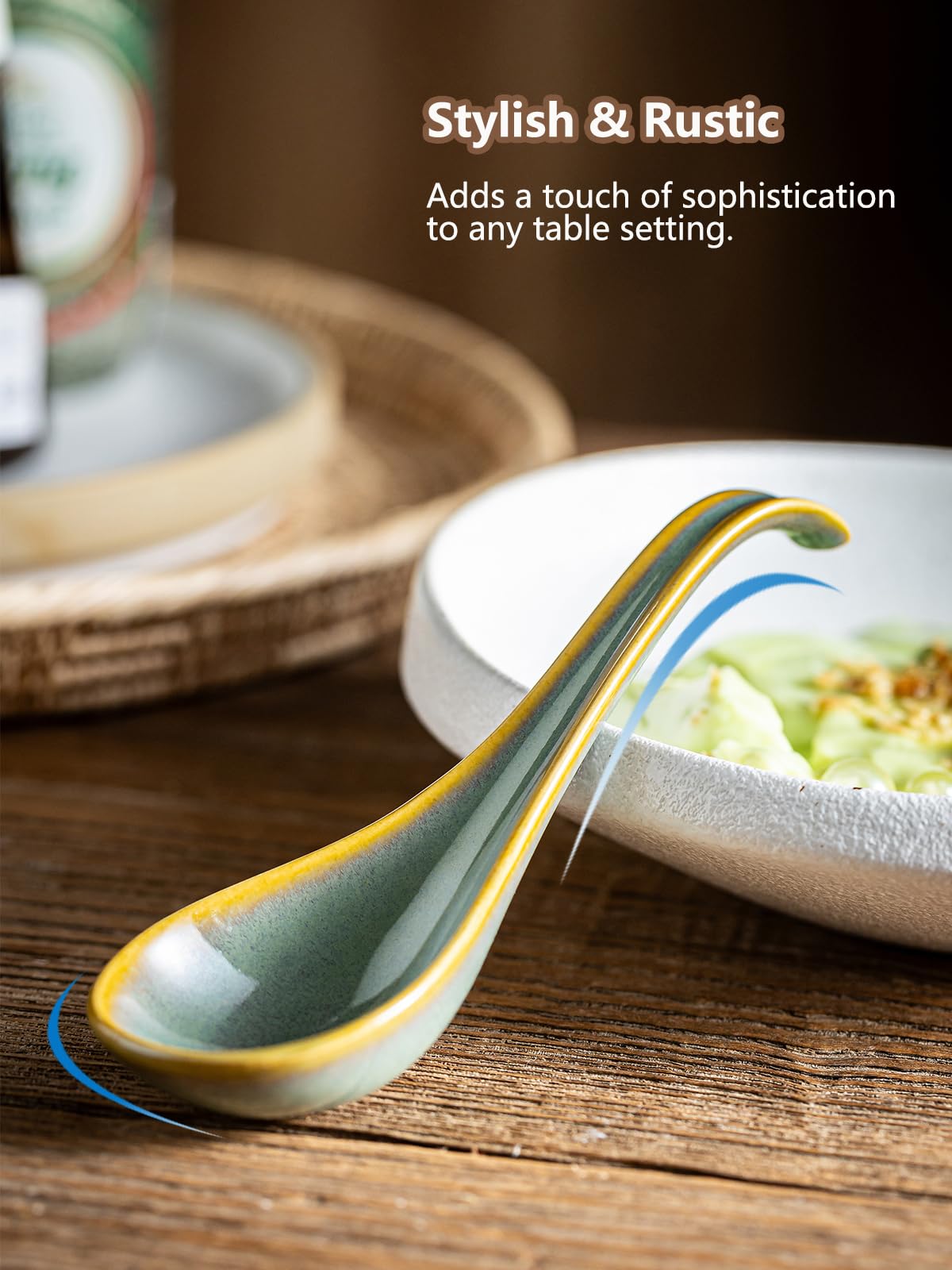 Gomakren glossy blue-green spoons enhance tableside dining