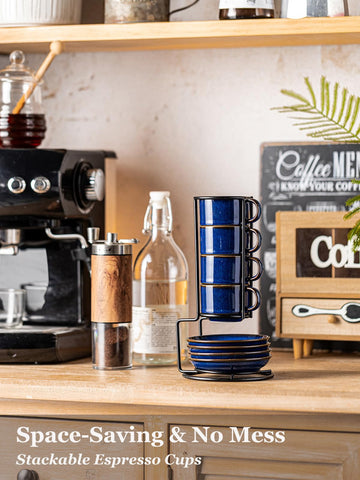 Gomakren stackable cups on rack save countertop space in small kitchens.