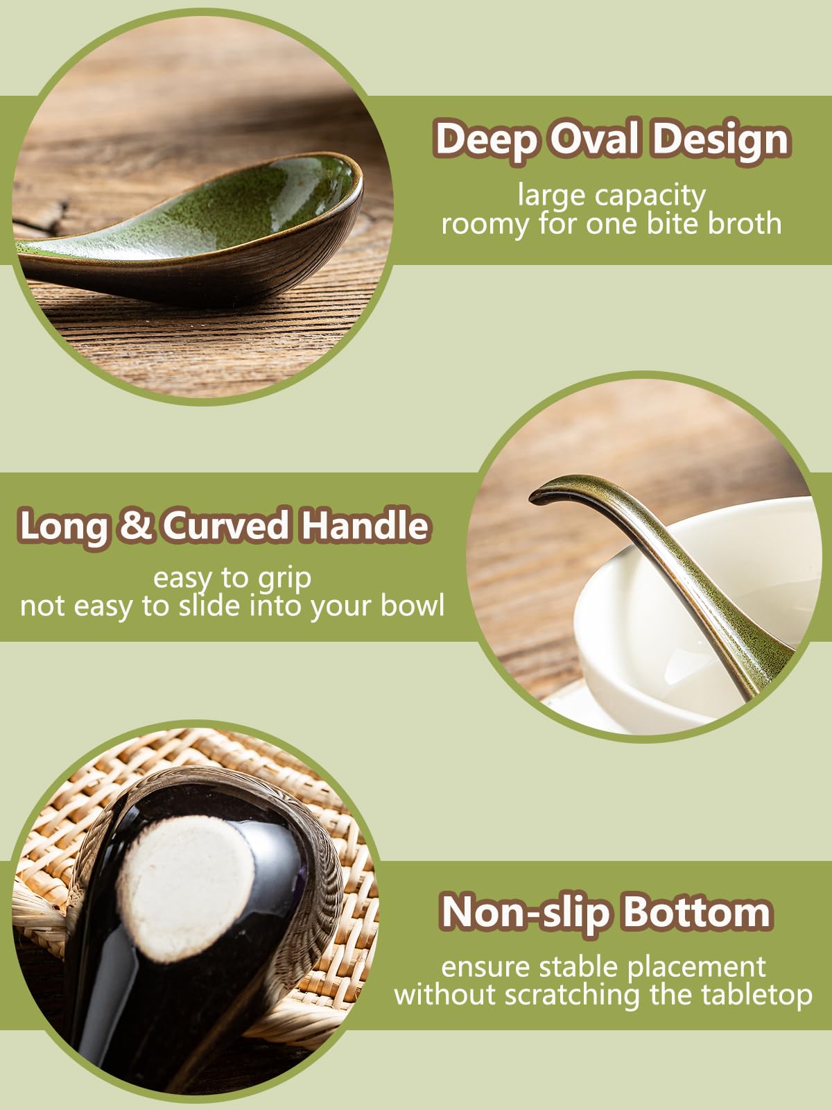 Gomakren ramen pho spoons with long handles for easy, safe sipping.