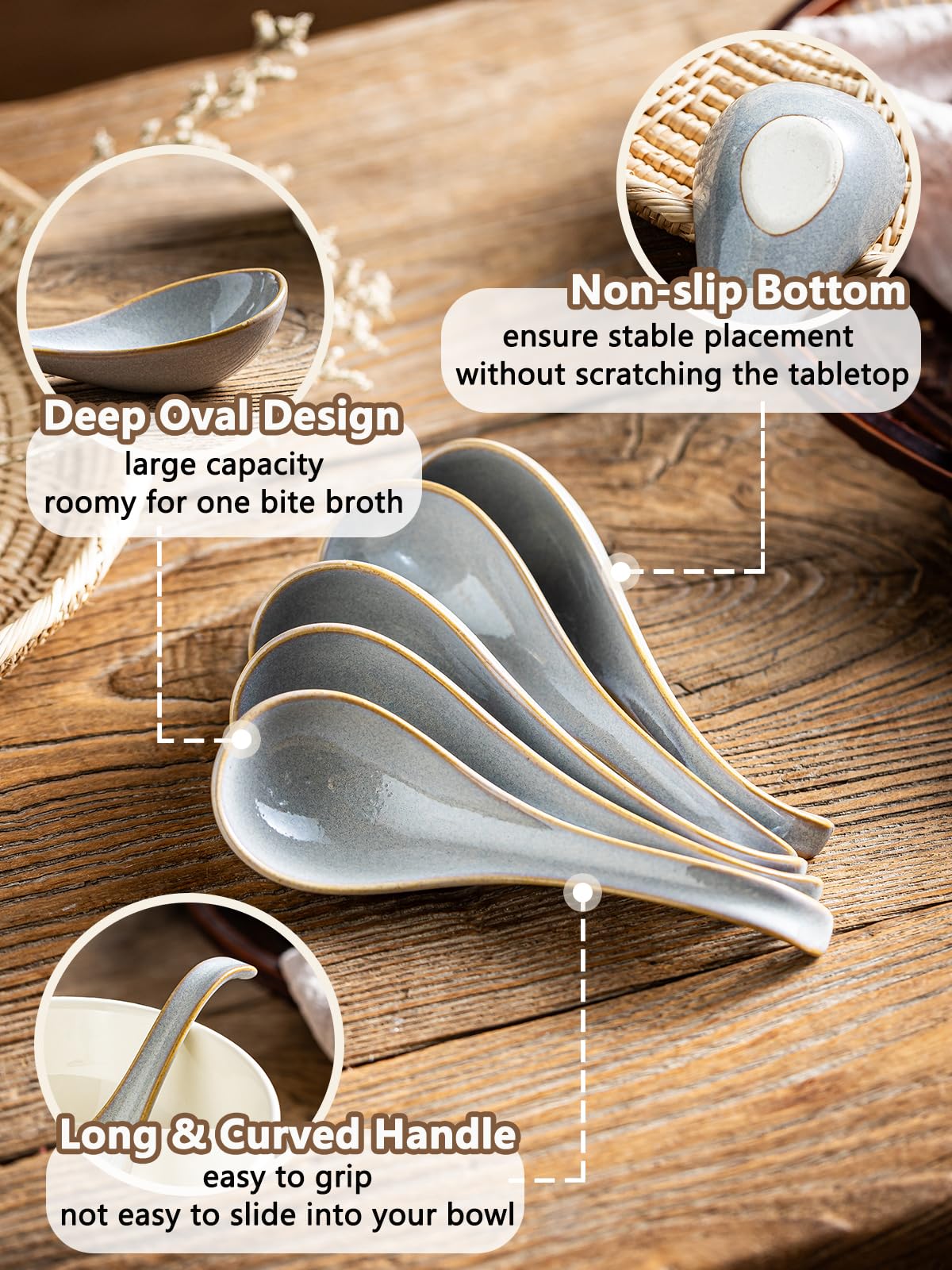 Gomakren ramen spoons in gray ceramic, dishwasher safe.