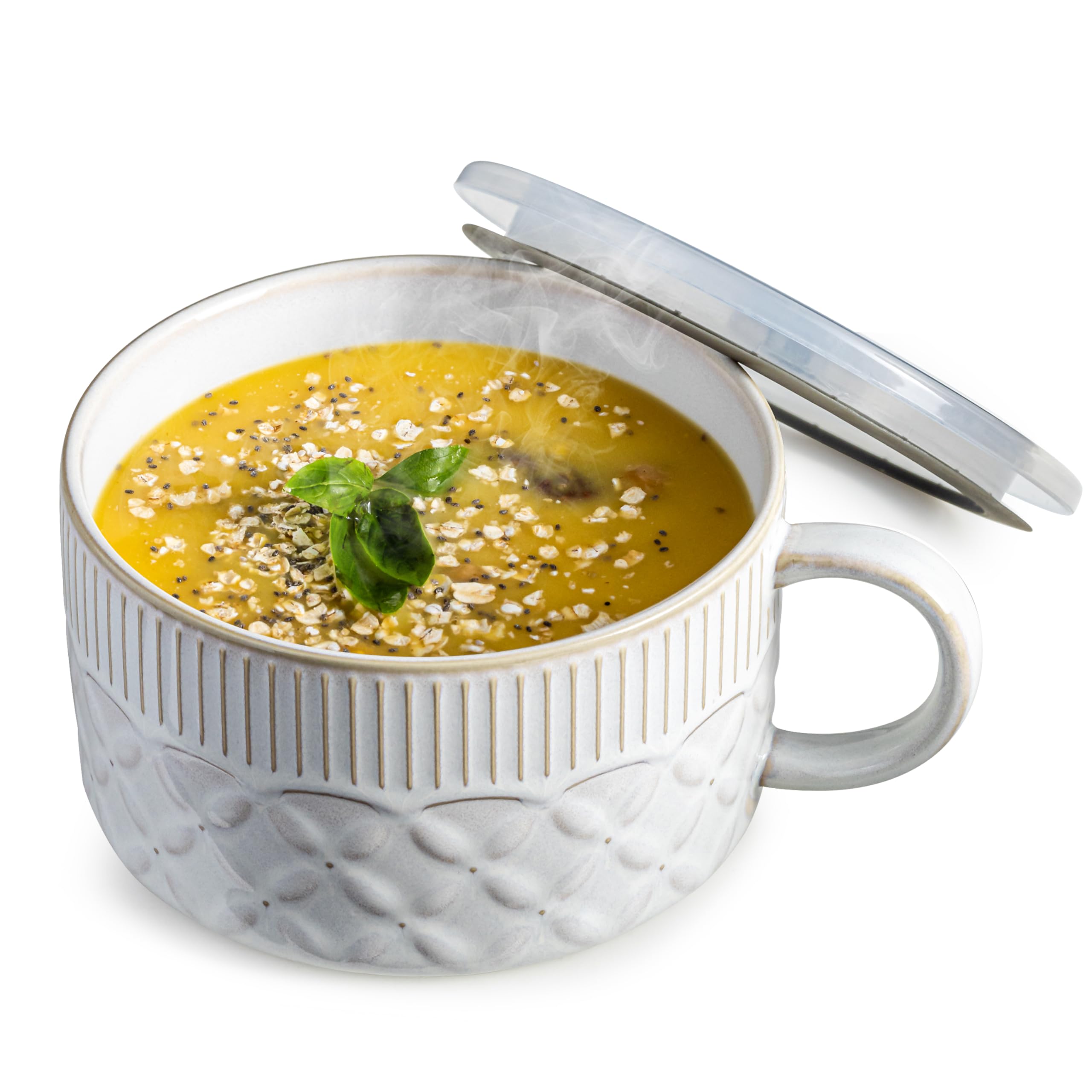Gomakren soup bowl with handle shows 39oz capacity for hearty servings.