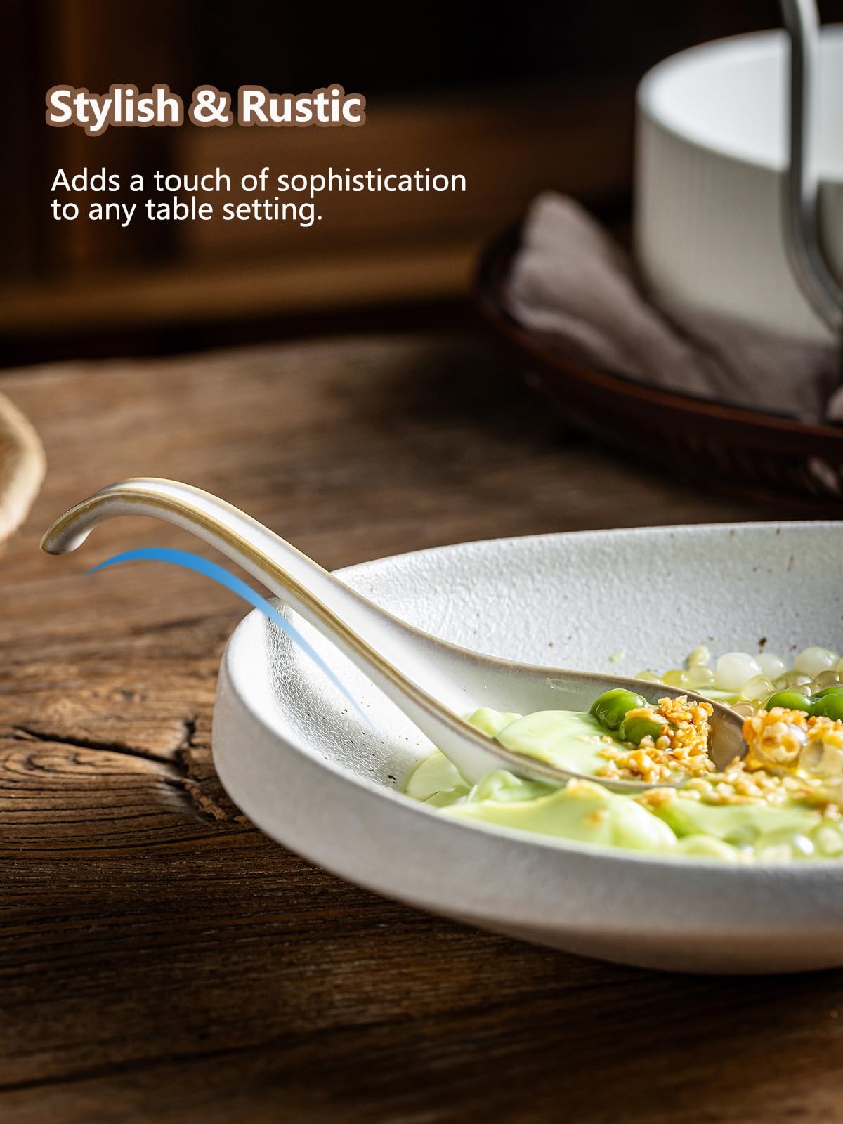 Gomakren spoon long-handle rests on bowl edge to prevent slipping.