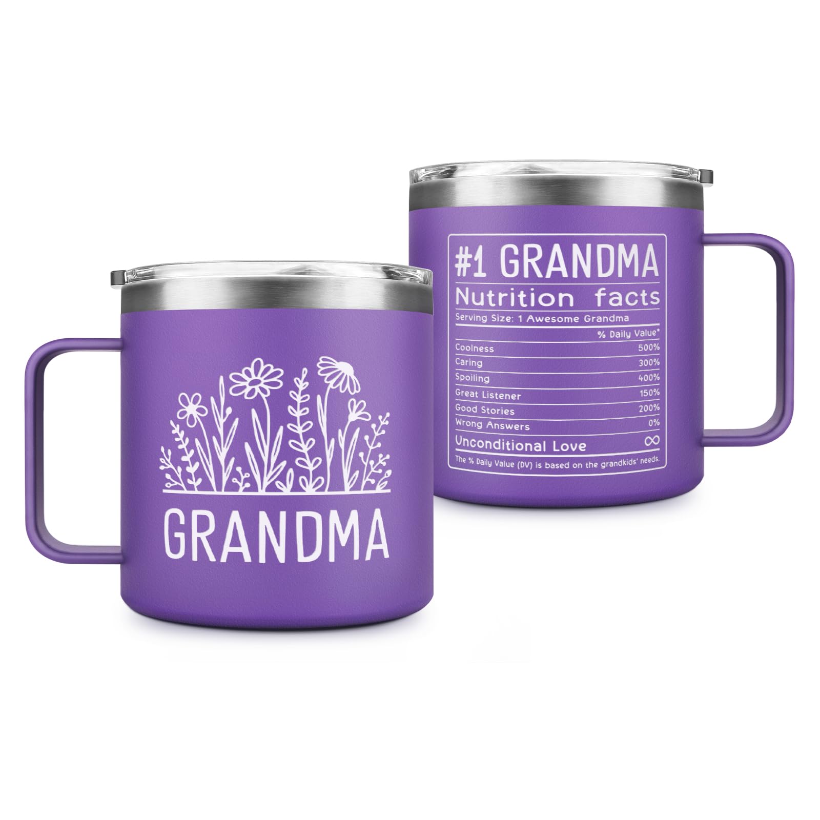 GoMelley Grandma mug 14oz on purple background keeps coffee hot during busy mornings