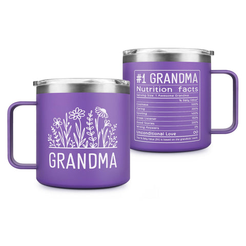 GoMelley Grandma mug 14oz on purple background keeps coffee hot during busy mornings