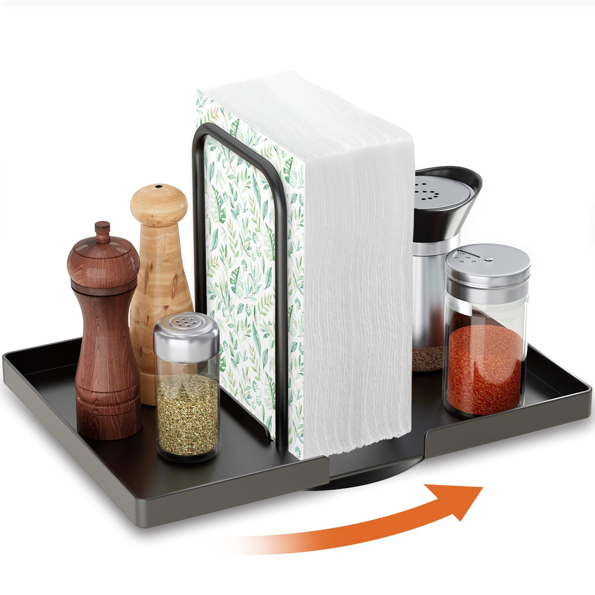 Gomyrod 360° rotating napkin holder in black for easy table access.